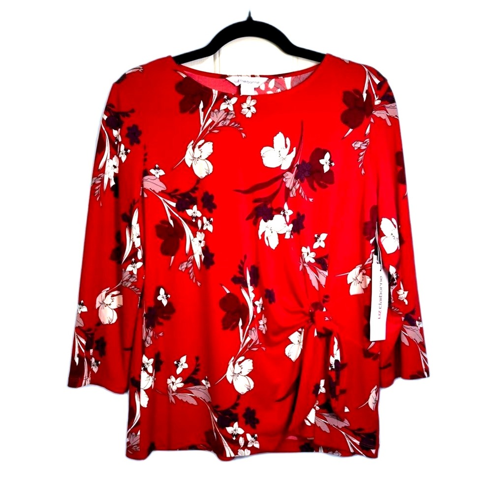Liz Claiborne Side Tie Blouse Cabaret Red Floral Size Small NWT‎ Business Casual
